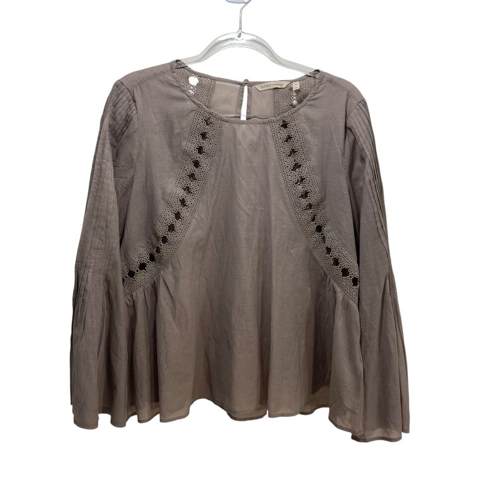 Soft Surroundings Peasant Boho Gauzy Top L Taupe Crochet Kimono Sleeves Festival